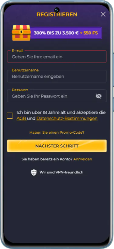 Rolling Slots-Kontoregistrierungsformular