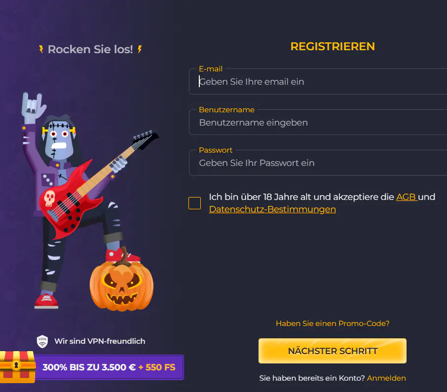 Rolling Slots-Kontoregistrierungsformular